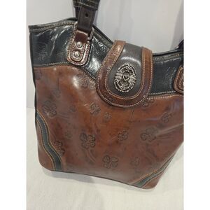 Marc Chantal MC Clover Embossed Leather Shoulder Bag Purse Brown Black Western